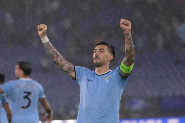 Lazio™s Mattia Zaccagni celebrates after scoring the goal 4-1 during the Uefa Europa League soccer match between SS Lazio and Nice at the Rome s Olympic stadium, Italy - Thursday , October 03, 2024. - Soccer  Copyright: xFabrizioxCorradetti LaPressex