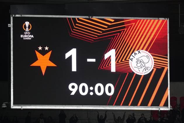 PRAGUE, 03-10-2024 , Eden Arena, football, UEFA Europa League, season 2024 2025, Match between Slavia Praag and Ajax score board final score 1-1 Slavia Praag - Ajax  x26383161x Copyright: