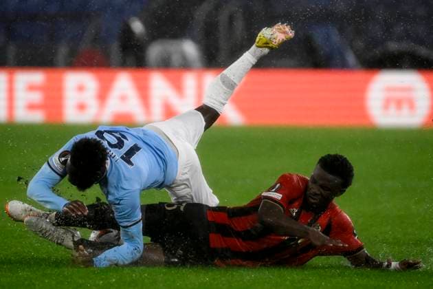 Boulaye Dia of SS Lazio and Youssouf Ndayishimiye of OGC Nice compete for the ball during the Europa League football match between SS Lazio and OGC Nice at Olimpico stadium in Rome (Italy), October 3, 2024. AndreaxStaccioli