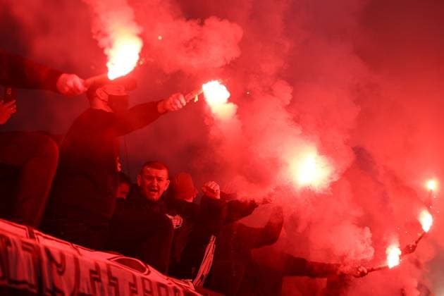 Ultras of Ferencvaros let off red flares Ferencvaros v Tottenham Hotspur, UEFA Europa League, Group Stage, Football, Groupama Arena, Budapest, Hungary, 03 Oct 2024 EDITORIAL USE ONLY No use with unauthorised audio, video, data, fixture lists, club league logos or live services. Online in-match use limited to 120 images, no video emulation. No use in betting, games or single club league player publications.  Copyright: xMichaelxZemanek Shutterstockx 14750796an