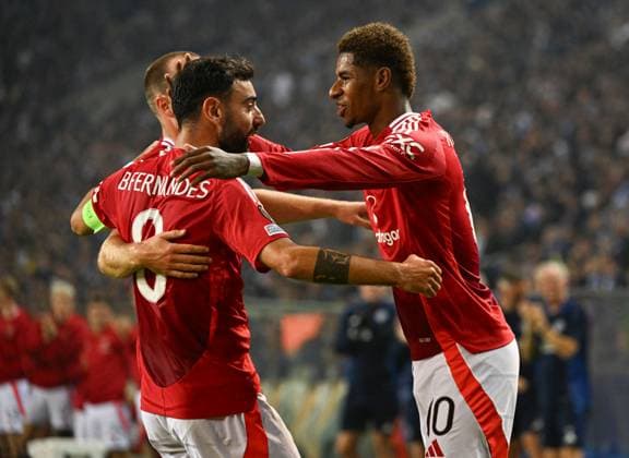 Marcus Rashford of Manchester United, ManU celebrates scoring to make it 0-1 Porto v Manchester United, UEFA Europa League, Group Stage, Football, Estadio do Dragao, Porto, Portugal, 03 Oct 2024 EDITORIAL USE ONLY No use with unauthorised audio, video, data, fixture lists, club league logos or live services. Online in-match use limited to 120 images, no video emulation. No use in betting, games or single club league player publications. Copyright: xZedxJameson Shutterstockx 14750815bs