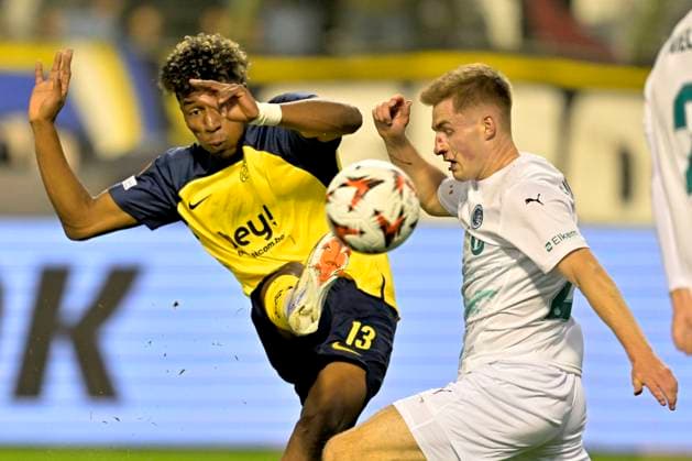 Royale Union Saint-Gilloise v FK Bodo Glimt - UEFA Europa League BRUSSELS, BELGIUM - OCTOBER 03 : Rodriguez Cortez Kevin Jose forward of Royale Union Saint-Gilloise battles for the ball with Sondre Fet midfielder of FK Bodo Glimt during the UEFA Europa League phase matchday 2 match between Royale Union Saint-Gilloise and FK Bodo Glimt on October 3, 2024 in Brussels, Belgium, 03 10 2024 Brussels Belgium  Copyright: xSesx