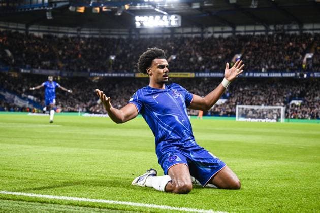 Chelsea s Renato Veiga celebrates after scoring during a soccer match between British team Chelsea FC and Belgian team KAA Gent, Thursday 03 October 2024 in London, for the opening day of the UEFA Conference League tournament. TOM GOYVAERTS TomxGoyvaerts  x101880107x
