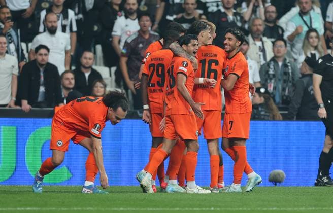 03 10 2024, Football UEFA Europa League, Besiktas JK Istanbul Eintracht Frankfurt, emonline, emspor, v l , Goal celebration to 0 2 by Junior Dina Ebimbe Eintracht Frankfurt , Goal celebration, celebrate the goal DFL DFB REGULATIONS PROHIBIT ANY USE OF PHOTOGRAPHS AS IMAGE SEQUENCES AND OR QUASI VIDEO xdcx Copyright: HMBxMedia