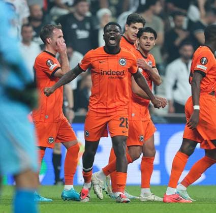 03 10 2024, Football UEFA Europa League, Besiktas JK Istanbul Eintracht Frankfurt, emonline, emspor, v l , Goal celebration to 0 2 by Junior Dina Ebimbe Eintracht Frankfurt , Goal celebration, celebrate the goal DFL DFB REGULATIONS PROHIBIT ANY USE OF PHOTOGRAPHS AS IMAGE SEQUENCES AND OR QUASI VIDEO xdcx Copyright: HMBxMedia