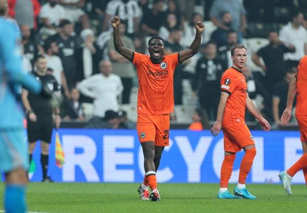 03 10 2024, Football UEFA Europa League, Besiktas JK Istanbul Eintracht Frankfurt, emonline, emspor, v l , Goal celebration to 0 2 by Junior Dina Ebimbe Eintracht Frankfurt , Goal celebration, celebrate the goal DFL DFB REGULATIONS PROHIBIT ANY USE OF PHOTOGRAPHS AS IMAGE SEQUENCES AND OR QUASI VIDEO xdcx Copyright: HMBxMedia