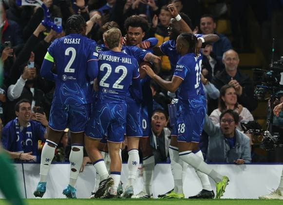 London, England, 3rd October 2024. Renato Veiga (C) of Chelsea celebrates with team mates after scoring to make it 1-0 during the UEFA Europa Conference League match at Stamford Bridge, London. Picture credit should read: Paul Terry Sportimage EDITORIAL USE ONLY. No use with unauthorised audio, video, data, fixture lists, club league logos or live services. Online in-match use limited to 120 images, no video emulation. No use in betting, games or single club league player publications. SPI-3357-0009