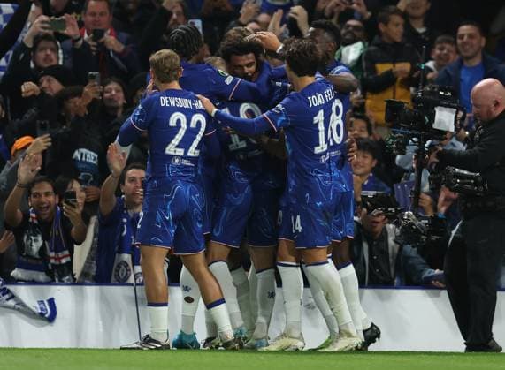 London, England, 3rd October 2024. Renato Veiga (C) of Chelsea celebrates with team mates after scoring to make it 1-0 during the UEFA Europa Conference League match at Stamford Bridge, London. Picture credit should read: Paul Terry Sportimage EDITORIAL USE ONLY. No use with unauthorised audio, video, data, fixture lists, club league logos or live services. Online in-match use limited to 120 images, no video emulation. No use in betting, games or single club league player publications. SPI-3357-0010