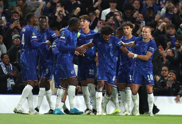 London, England, 3rd October 2024. Renato Veiga (C) of Chelsea celebrates with team mates after scoring to make it 1-0 during the UEFA Europa Conference League match at Stamford Bridge, London. Picture credit should read: Paul Terry Sportimage EDITORIAL USE ONLY. No use with unauthorised audio, video, data, fixture lists, club league logos or live services. Online in-match use limited to 120 images, no video emulation. No use in betting, games or single club league player publications. SPI-3357-0011