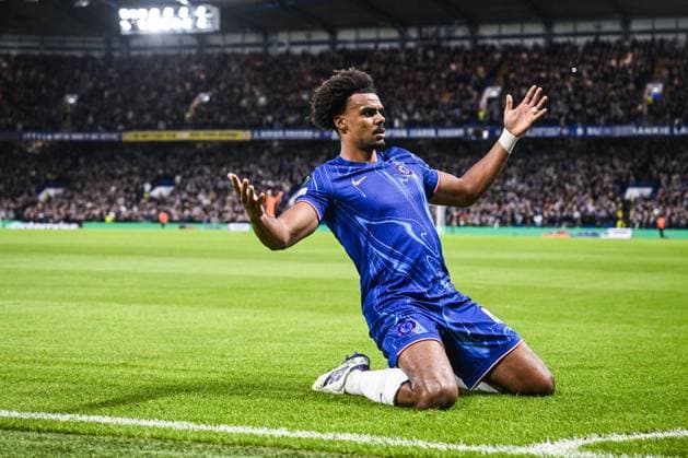 Chelsea s Renato Veiga celebrates after scoring during a soccer match between British team Chelsea FC and Belgian team KAA Gent, Thursday 03 October 2024 in London, for the opening day of the UEFA Conference League tournament. TOM GOYVAERTS TomxGoyvaerts  x101880109x