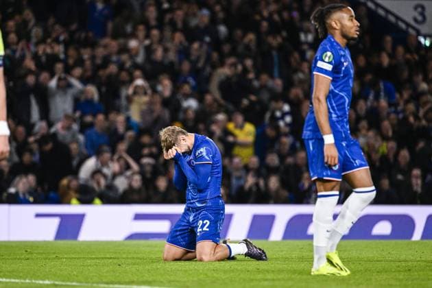 Chelsea s Kiernan Dewsbury-Hall reacts during a soccer match between British team Chelsea FC and Belgian team KAA Gent, Thursday 03 October 2024 in London, for the opening day of the UEFA Conference League tournament. TOM GOYVAERTS TomxGoyvaerts  x101880232x