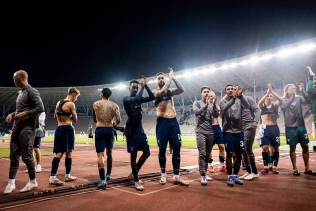 241003 Taha Ali, Pontus Jansson, Adrian Skogmar and Zakaria Loukili of Malmö FF celebrate after during the UEFA Europa League football match between Qarabag and Malmö FF on October 3, 2024 in Baku Photo Petter Arvidson BILDBYRAN kod PA PA0893 fotboll football soccer fotball uefa europa league qarabag malmö ff bbeng jubel  Copyright: PETTERxARVIDSON BB241003PA203