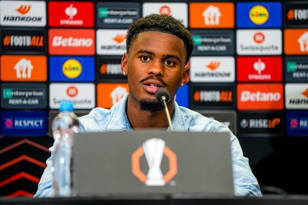 PRAGUE, 03-10-2024 , Eden Arena, football, UEFA Europa League, season 2024 2025, Match between Slavia Praag and Ajax , Ajax player Jorrel Hato during the press conference, PK, Pressekonferenz after the match Slavia Praag - Ajax  x26383506x Copyright: