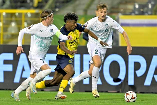 Royale Union Saint-Gilloise v FK Bodo Glimt - UEFA Europa League BRUSSELS, BELGIUM - OCTOBER 03 : Rodriguez Cortez Kevin Jose forward of Royale Union Saint-Gilloise battles for the ball with Patrick Berg midfielder of FK Bodo Glimt during the UEFA Europa League phase matchday 2 match between Royale Union Saint-Gilloise and FK Bodo Glimt on October 3, 2024 in Brussels, Belgium, 03 10 2024 Brussels Belgium  Copyright: xSesx