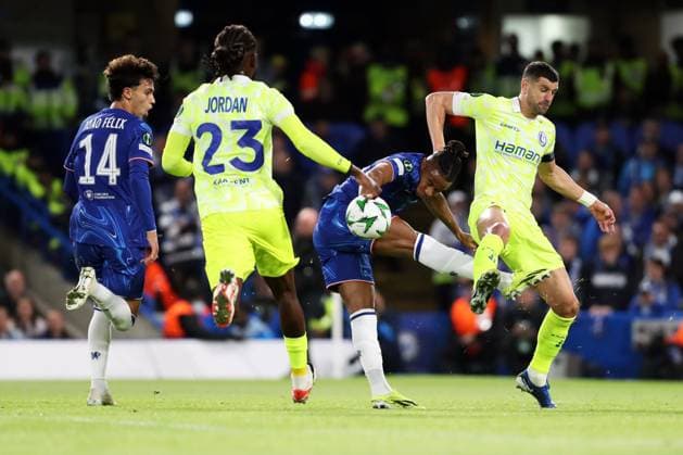 Christopher Nkunku of Chelsea having his shot blocked by KAA Gent defenders Chelsea v KAA Gent, Football, UEFA Conference League, Stamford Bridge Stadium, Fulham, London, UK - 03 10 24 Editorial use only  Copyright: xAnthonyxHanc Shutterstockx 14755933c