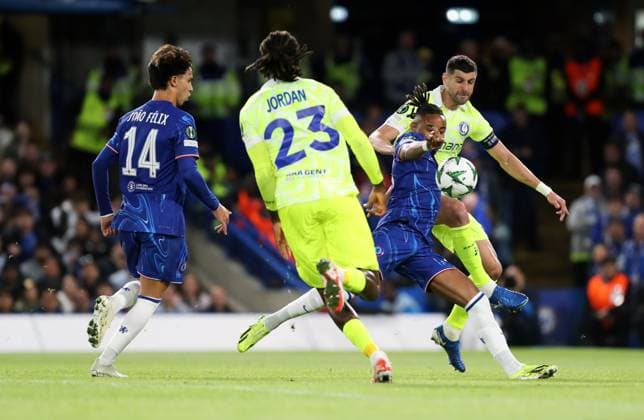 Christopher Nkunku of Chelsea having his shot blocked by KAA Gent defenders Chelsea v KAA Gent, Football, UEFA Conference League, Stamford Bridge Stadium, Fulham, London, UK - 03 10 24 Editorial use only  Copyright: xAnthonyxHanc Shutterstockx 14755933d