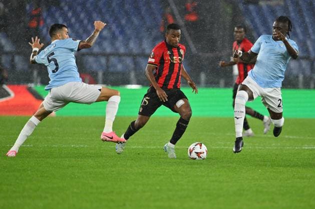 Matias Vecino of S.S. Lazio, Youssoufa Moukoko of O.G.C. Nice and Loum Tchaouna of S.S. Lazio in action during the UEFA Europa League 2024 25 League Phase MD2 match between S.S. Lazio and O.G.C. Nice at Olympic Stadium on October 3, 2024 in Rome, Italy.  Copyright: xDomenicoxCippitelli IPAxSportx x xx IPA_50306731 IPA_Agency_IPA50306731