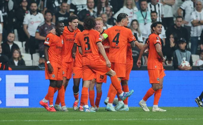03 10 2024, Football UEFA Europa League, Besiktas JK Istanbul Eintracht Frankfurt, emonline, emspor, v l , Goal celebration to 0 2 by Junior Dina Ebimbe Eintracht Frankfurt , Goal celebration, celebrate the goal DFL DFB REGULATIONS PROHIBIT ANY USE OF PHOTOGRAPHS AS IMAGE SEQUENCES AND OR QUASI VIDEO xdcx Copyright: HMBxMedia