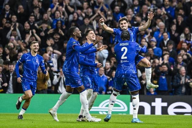 Chelsea s Pedro Neto celebrates after scoring during a soccer match between British team Chelsea FC and Belgian team KAA Gent, Thursday 03 October 2024 in London, for the opening day of the UEFA Conference League tournament. TOM GOYVAERTS TomxGoyvaerts  x101881821x