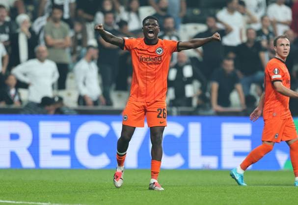 03 10 2024, Football UEFA Europa League, Besiktas JK Istanbul Eintracht Frankfurt, emonline, emspor, v l , Goal celebration to 0 2 by Junior Dina Ebimbe Eintracht Frankfurt , Goal celebration, celebrate the goal DFL DFB REGULATIONS PROHIBIT ANY USE OF PHOTOGRAPHS AS IMAGE SEQUENCES AND OR QUASI VIDEO xdcx Copyright: HMBxMedia