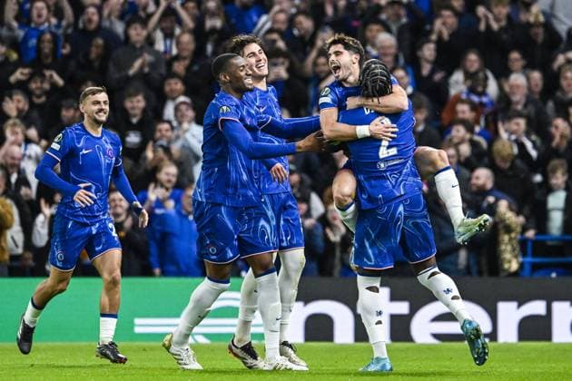 Chelsea s Pedro Neto celebrates after scoring during a soccer match between British team Chelsea FC and Belgian team KAA Gent, Thursday 03 October 2024 in London, for the opening day of the UEFA Conference League tournament. TOM GOYVAERTS TomxGoyvaerts  x101881852x