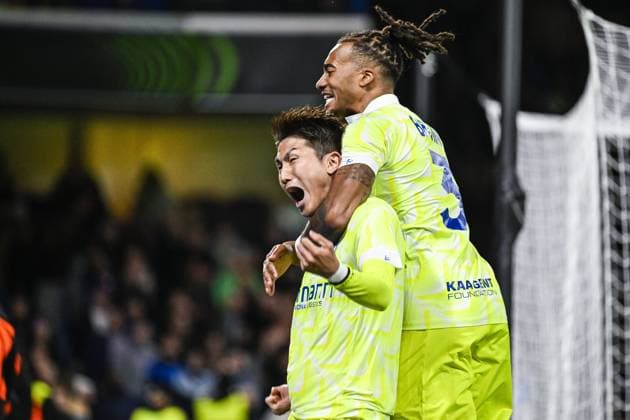 Gent s Tsuyoshi Watanabe celebrates after scoring during a soccer match between British team Chelsea FC and Belgian team KAA Gent, Thursday 03 October 2024 in London, for the opening day of the UEFA Conference League tournament. TOM GOYVAERTS TomxGoyvaerts  x101881992x
