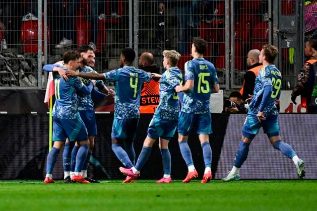 Ajax players celebrate after scoring a goal in the Football Europa League 2nd round match SK Slavia Prague vs Ajax Amsterdam in Prague, Czech Republic, October 3, 2024. (CTKxPhoto OndrejxDeml) CTKPhotoP2024100307962  CTKPhotoP2024100307962