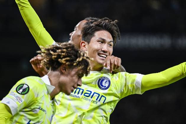 Gent s Tsuyoshi Watanabe celebrates after scoring during a soccer match between British team Chelsea FC and Belgian team KAA Gent, Thursday 03 October 2024 in London, for the opening day of the UEFA Conference League tournament. TOM GOYVAERTS TomxGoyvaerts  x101882077x