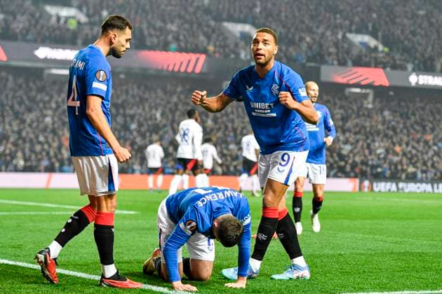 Rangers v Olympique Lyonnais UEFA Europa League Cyriel Dessers of Rangers celebrates Tom Lawrence™s goal during the UEFA Europa League match at Ibrox Stadium, Glasgow UK Newspapers OUT Copyright: xJamiexJohnstonx FIL-20729-0045