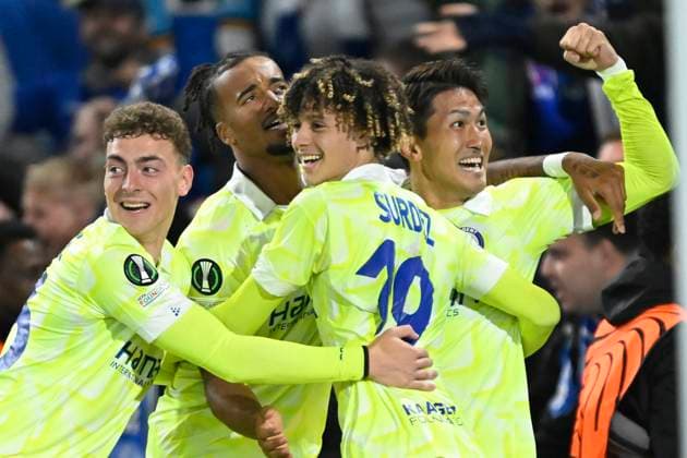 Chelsea FC v KAA Gent : UEFA Conference League LONDON, UNITED KINGDOM - OCTOBER 03 : Watanabe Tsuyoshi defender of KAA Gent celebrates scoring a goal uring the UEFA Conference League, League Phase matchday 1 match between Chelsea F.C. and KAA Gent at the Stamford Bridge stadium on October 03, 2024 in London, United Kingdom, 03 10 2024 London United Kingdom  Copyright: xNicoxVereeckenx