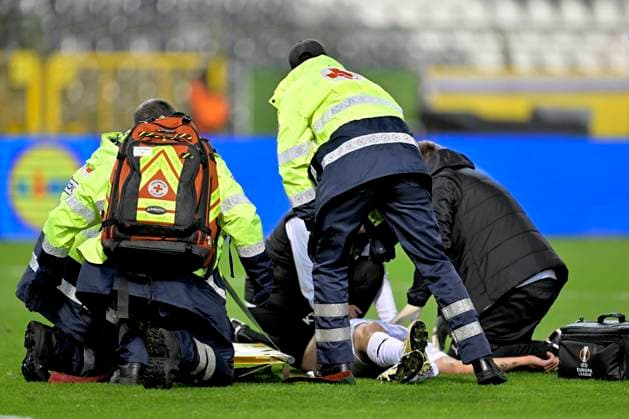 Royale Union Saint-Gilloise v FK Bodo Glimt - UEFA Europa League BRUSSELS, BELGIUM - OCTOBER 03 : injury of ;b2: during the UEFA Europa League phase matchday 2 match between Royale Union Saint-Gilloise and FK Bodo Glimt on October 3, 2024 in Brussels, Belgium, 03 10 2024 Brussels Belgium  Copyright: xSesx