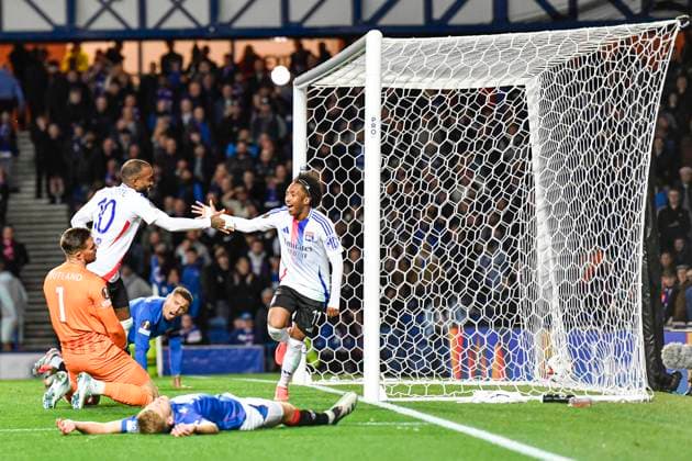 Rangers v Olympique Lyonnais UEFA Europa League Malick Fofana of Olympique Lyonnais celebrates his sides goal with Alexandre Lacazette during the UEFA Europa League match at Ibrox Stadium, Glasgow UK Newspapers OUT Copyright: xJamiexJohnstonx FIL-20729-0051