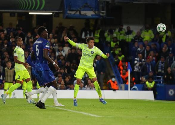 3rd October 2024; Stamford Bridge, Chelsea, London, England: UEFA Europa Conference League Football, Chelsea versus Gent; Tsuyoshi Watanabe of KAA Gent heads the ball to score his sides 1st goal in the 50th minute for 2-1  ActionPlus12699493 JohnxPatrickxFletcher