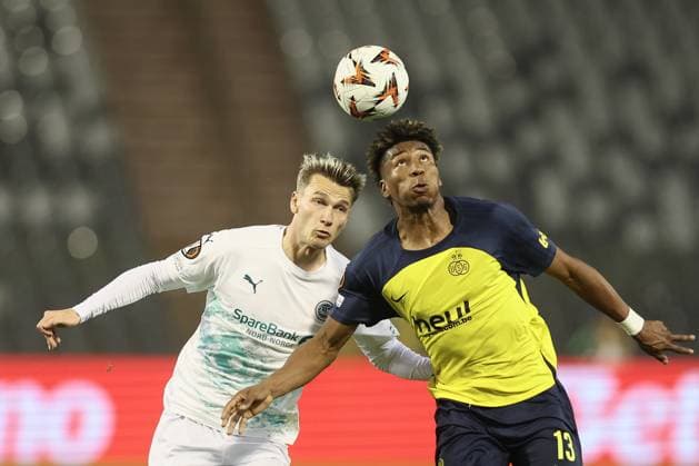 Bodo s Odin Bjortuft and Union s Kevin Rodriguez fight for the ball during a soccer match between Belgian team Royale Union Saint-Gilloise and Norwegian team Bodo Glimt, Thursday 03 October 2024 in Brussels, on the second day of the UEFA Europa League tournament. BRUNOxFAHY  x101884694x