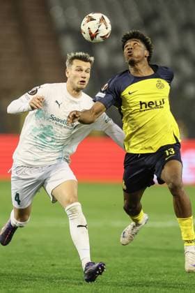Bodo s Odin Bjortuft and Union s Kevin Rodriguez fight for the ball during a soccer match between Belgian team Royale Union Saint-Gilloise and Norwegian team Bodo Glimt, Thursday 03 October 2024 in Brussels, on the second day of the UEFA Europa League tournament. BRUNOxFAHY  x101884762x