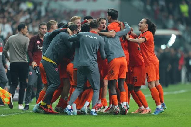 03 10 2024, Football UEFA Europa League, Besiktas JK Istanbul Eintracht Frankfurt, emonline, emspor, v l , Goal celebration to 0 3 by Ansgar Knauff Eintracht Frankfurt , Goal celebration, celebrate the goal, Robin Koch Eintracht Frankfurt DFL DFB REGULATIONS PROHIBIT ANY USE OF PHOTOGRAPHS AS IMAGE SEQUENCES AND OR QUASI VIDEO xdcx Copyright: HMBxMedia