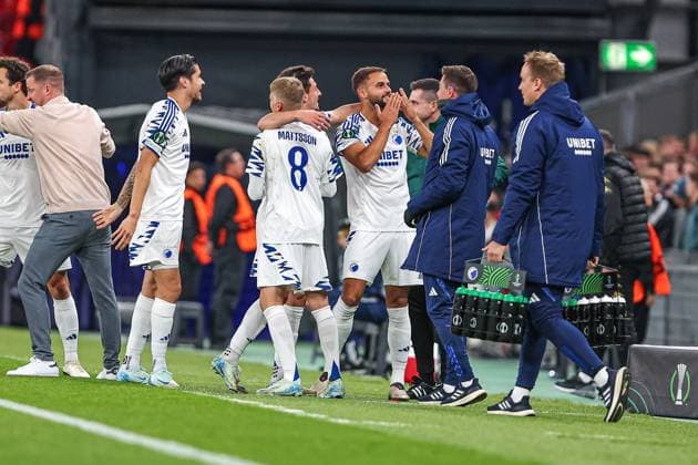 03.10.2024 KOPOENHAGA (DENMARK) PILKA NOZNA (FOOTBALL) UEFA CONFERENCE LEAGUE SEASON 2024 2025 - 1. KOLEJKA (GAME) FC KOPENHAGA - JAGIELLONIA BIALYSTOK NZ PANTELIS HATZIDIAKOS GOL RADOSC FOTO KAMIL SWIRYDOWICZ CYFRASPORT NEWSPIX.PL --- Newspix.pl POLAND OUT!  241003CSKS017