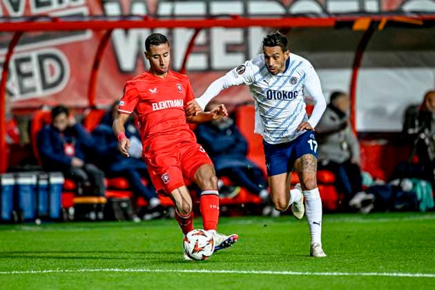 FC Twente defender Anass Salah Eddine, Fenerbahce midfielder Irfan Can Kahveci, during the match Twente Fenerbahce at the Grolsch Veste for the UEFA Europa League League League phase Matchday 2 season 2024 2025 in ENSCHEDE, Netherlands on 3 october 2024, photo by Stefan Koops EYE4images DeFodi Images Defodi 746 192542 Defodi-746