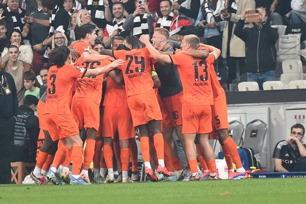 Coach Dino Toppmöller and Players of Eintracht Frankfurt celebrates for Ansgar Knauff s goal during the UEFA Europa League 2024 25 League Phase MD2 match between Besiktas JK and Eintracht Frankfurt at Tupras Stadium on October 3, 2024 in Istanbul, Turkey. (Photo by Seskimphoto ) Besiktas JK v Eintracht Frankfurt UEFA Europa League 2024 25 
