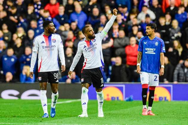 Rangers v Olympique Lyonnais UEFA Europa League Alexandre Lacazette of Olympique Lyonnais celebrates his second goal during the UEFA Europa League match at Ibrox Stadium, Glasgow UK Newspapers OUT Copyright: xJamiexJohnstonx FIL-20729-0098