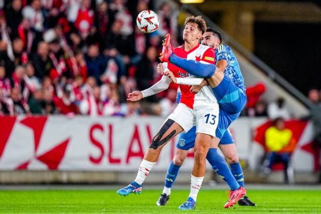 PRAGUE, 03-10-2024 , Eden Arena, football, UEFA Europa League, season 2024 2025, Match between Slavia Praag and Ajax , Slavia Praag player Mojmir Chytil and Ajax player Josip Sutalo Slavia Praag - Ajax  x26384624x Copyright:
