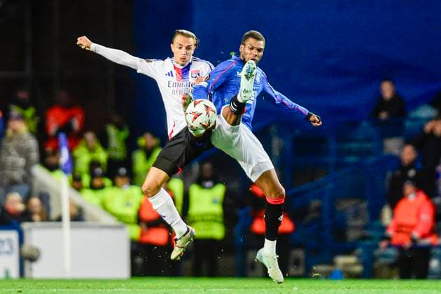 Rangers v Olympique Lyonnais UEFA Europa League Dujon Sterling of Rangers and Maxence Caqueret of Olympique Lyonnais during the UEFA Europa League match at Ibrox Stadium, Glasgow UK Newspapers OUT Copyright: xJamiexJohnstonx FIL-20729-0107