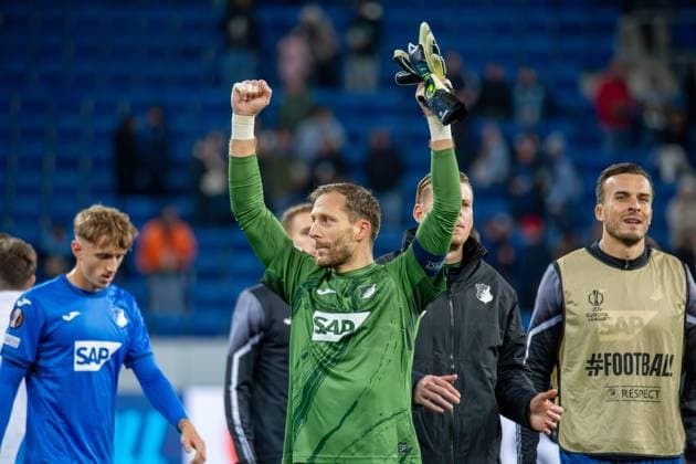 Soccer UEFA Europa League, Season 2024 25, Matchday 2 TSG Hoffenheim v Dynamo Kiev Great joy for Oliver Baumann 1, Hoffenheim after his teams 2-0 win Copyright: xUdoxHerrmannx