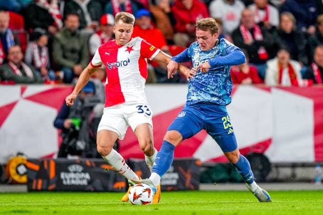 PRAGUE, 03-10-2024 , Eden Arena, football, UEFA Europa League, season 2024 2025, Match between Slavia Praag and Ajax , Slavia Praag player Ondrej Zmrzly and Ajax player Christian Rasmussen Slavia Praag - Ajax  x26384750x Copyright:
