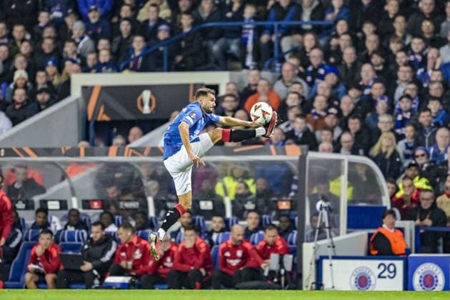 GLASGOW, SCOTLAND - OCTOBER 3: Nedim Bajrami of Rangers during the UEFA Europa League 2024 25 League Phase Matchday 2 match between Rangers FC and Olympique Lyonnais at Ibrox Stadium on October 03, 2024 in Glasgow, Scotland. FOOTBALL : Glasgow Rangers Vs Olympique Lyonnais - Ligue Europa - 03 10 2024 RichardCallis Panoramic 