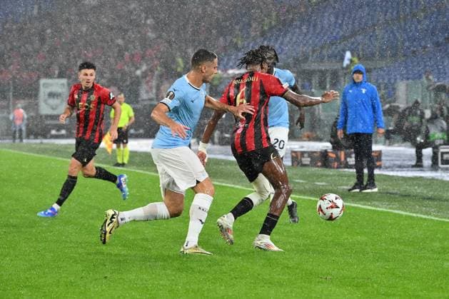 CALCIO - UEFA Europa League - SS Lazio vs OGC Nice Adam Marusic of S.S. Lazio and Hicham Boudaoui of O.G.C. Nice in action during the UEFA Europa League 2024 25 League Phase MD2 match between S.S. Lazio and O.G.C. Nice at Olympic Stadium on October 3, 2024 in Rome, Italy. Rome Italy  Copyright: xIPAxSport ABACAx