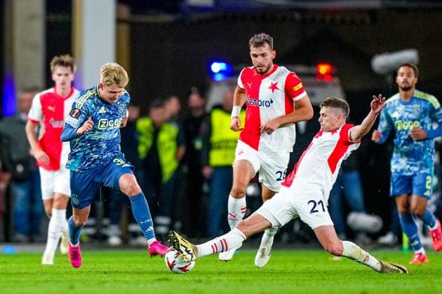 PRAGUE, 03-10-2024 , Eden Arena, football, UEFA Europa League, season 2024 2025, Match between Slavia Praag and Ajax , Slavia Praag player David Doudera and Ajax player Kristian Hlynsson Slavia Praag - Ajax  x26385002x Copyright: