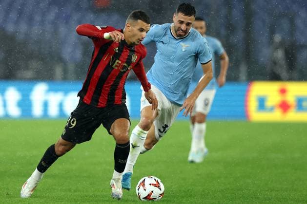 UEFA Europa League - SS Lazio vs Ogc Nice at Olympic Stadium in Rome on 03th october 2024 Rome, Italy 03.10.2024: Badredine Bouanani of Nice, Mario Gila of Lazio during the Uefa Europa League 2024-2025, day 2, football match between SS Lazio vs Ogc Nice at Olympic Stadium in Rome. Rome Olympic italy italy Copyright: xmarcoxiacobucci