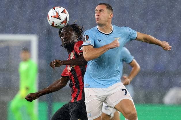 UEFA Europa League - SS Lazio vs Ogc Nice at Olympic Stadium in Rome on 03th october 2024 Rome, Italy 03.10.2024: Hicham Boudaoui of Nice, Adam Marusic of Lazio during the Uefa Europa League 2024-2025, day 2, football match between SS Lazio vs Ogc Nice at Olympic Stadium in Rome. Rome Olympic italy italy Copyright: xmarcoxiacobucci