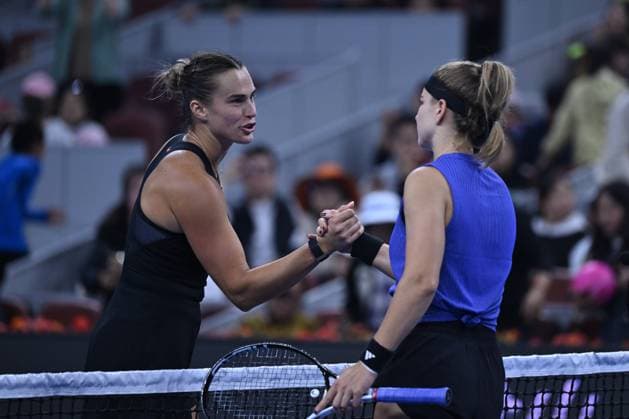 (241004) -- BEIJING, Oct. 4, 2024 -- Aryna Sabalenka (L) and Karolina Muchova greet each other after the women s singles quarterfinal match between Karolina Muchova of the Czech Republic and Aryna Sabalenka of Belarus at the 2024 China Open tennis tournament in Beijing, China, Oct. 4, 2024 ) (SP)CHINA-BEIJING-TENNIS-CHINA OPEN-WOMEN S SINGLES(CN) ZhangxLong 